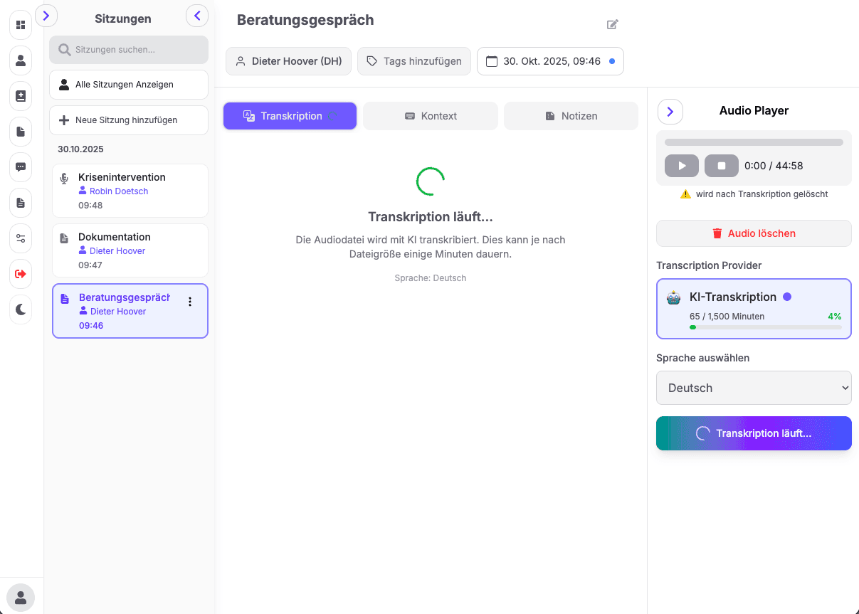 Transkription - Laden Sie Audiodateien hoch oder Diktieren Sie live